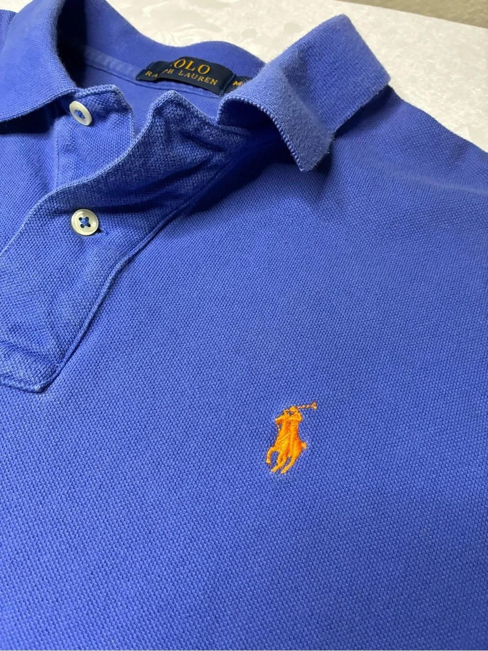 Vintage Polo Ralph Lauren Shirt Mens M Blue Short Sleeve Preppy Orange Pony Prep